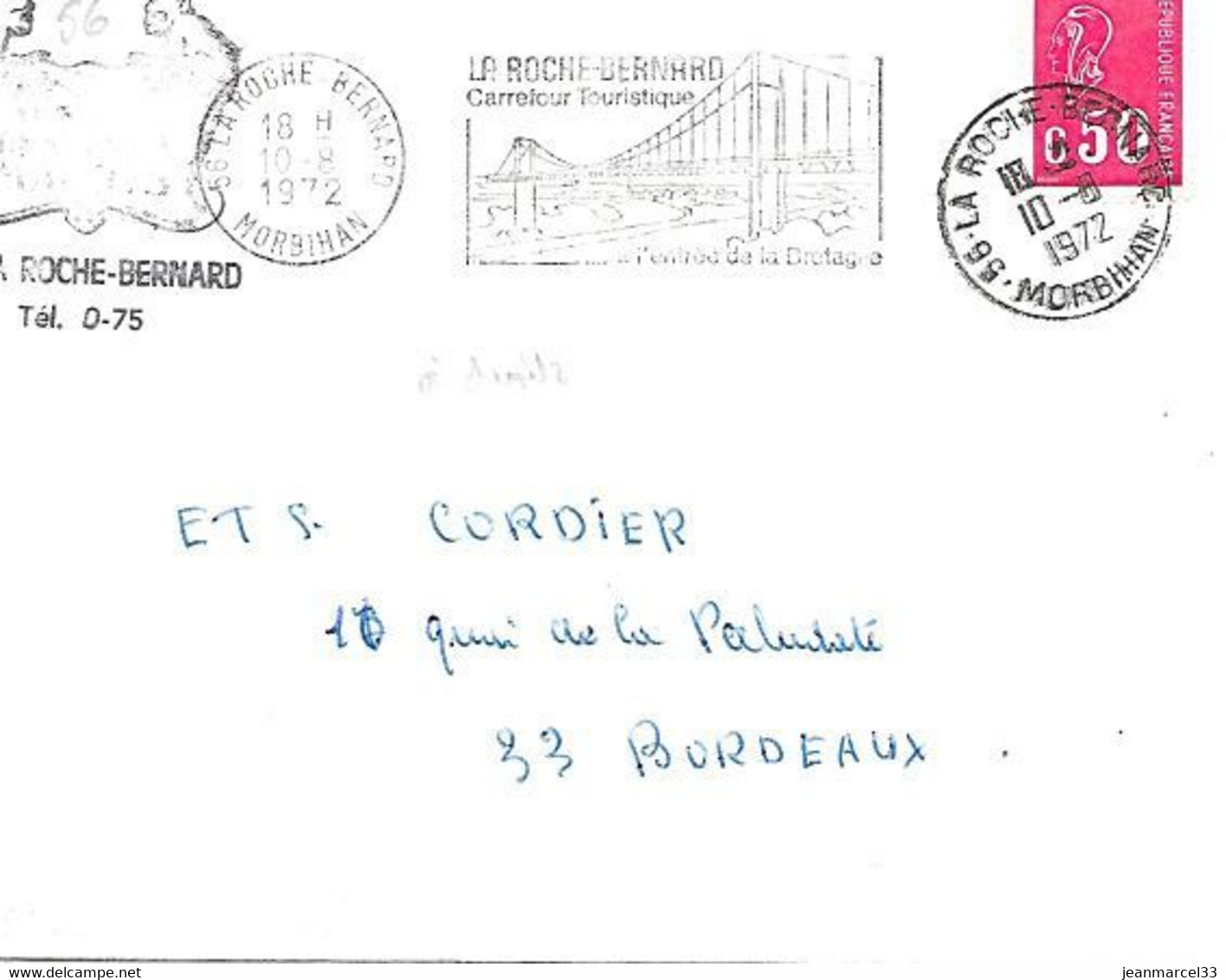 Curiosité 56 La Roche-Bernard 10-8 1972, Annulation Avec Cachet Main, La Flamme A Loupé Le Timbre - Brieven En Documenten