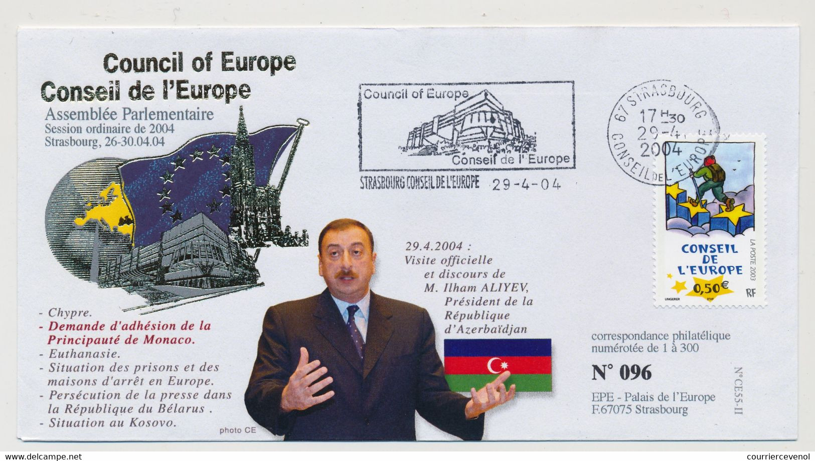 FRANCE => Env Affr 0,50E Conseil Europe - OMEC Id - 29/4/2004 - M. Ilham ALIYEV (Azerbaïdjian) - Lettres & Documents