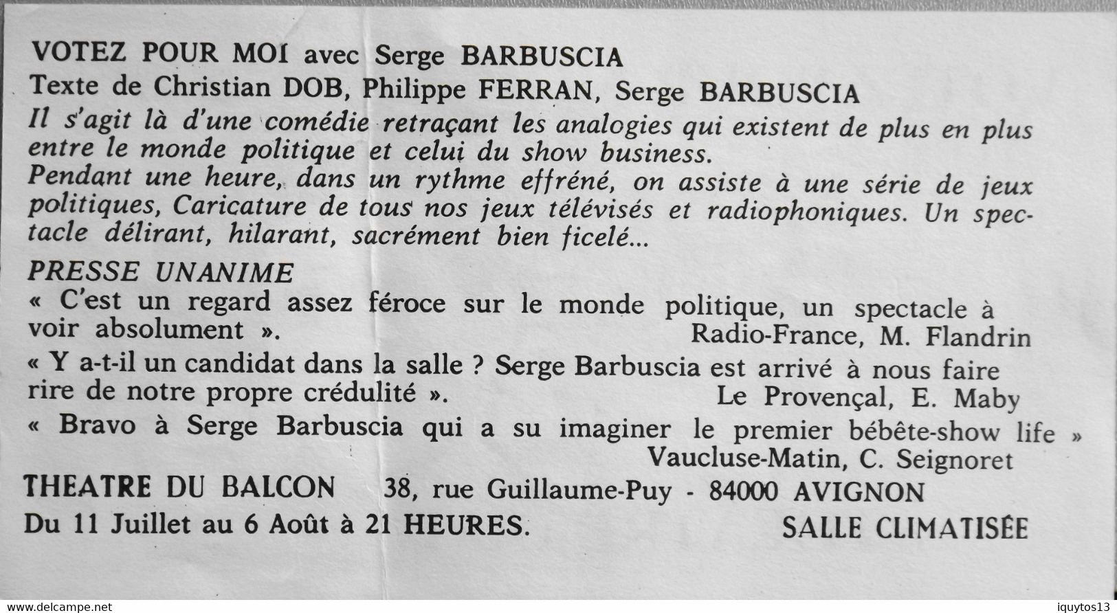 France - Billet Fantaisie " Votez Pour Moi / Théatre Du Balcon à Avignon " - BE - Specimen