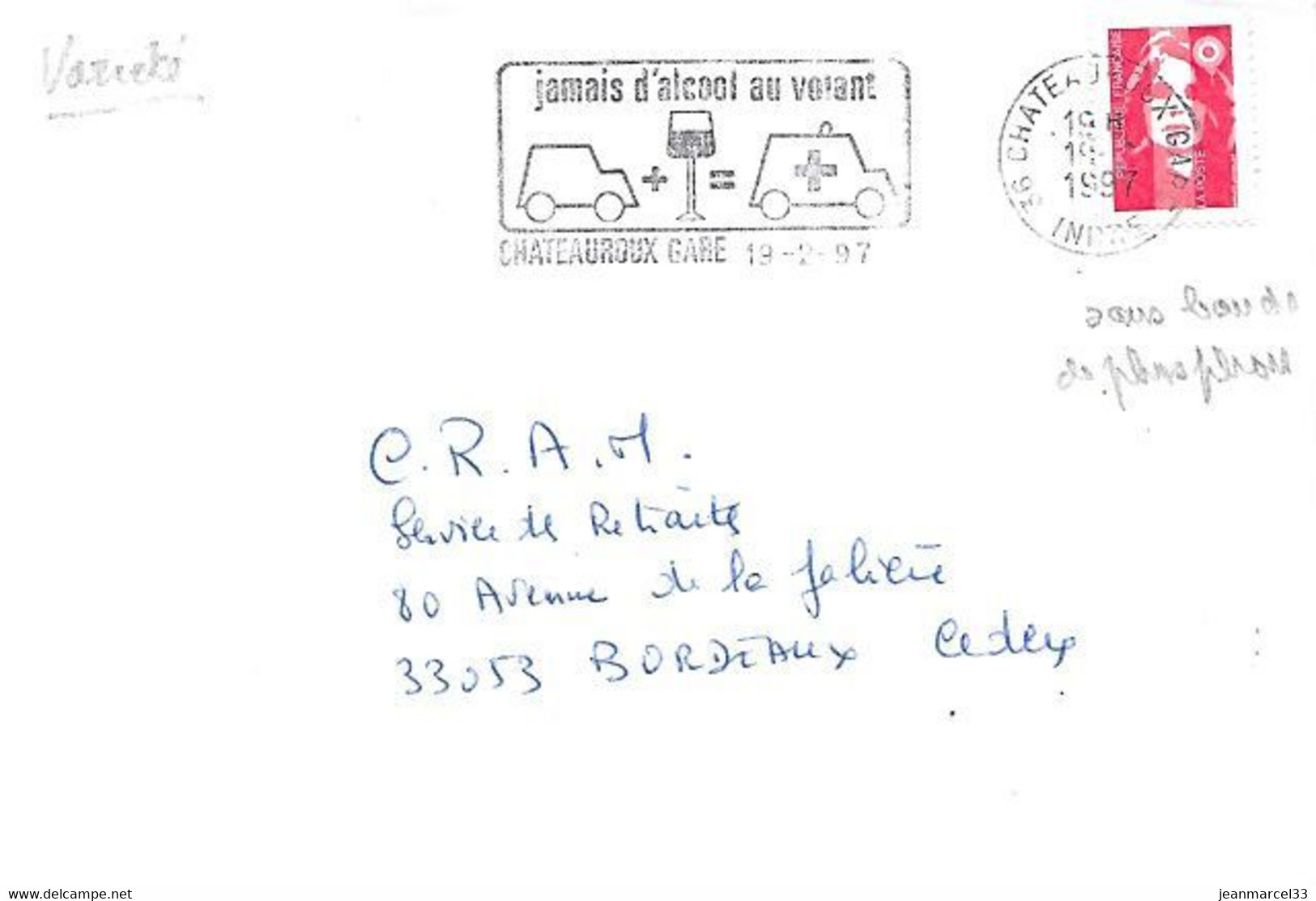 Variété 36 Chateauroux Gare 19-2-97 Sur Marianne De Briat SV Rouge, Sans Bande De Phosphore - Lettres & Documents