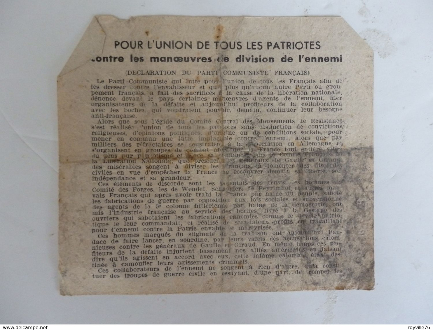 2 Tracts Diffusés Par Le Parti Communiste Français Pendant L'occupation. - Other & Unclassified