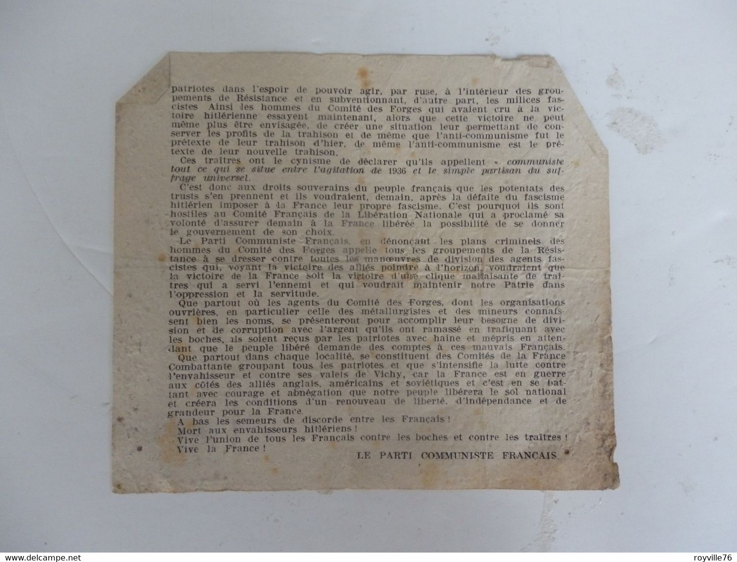 2 Tracts Diffusés Par Le Parti Communiste Français Pendant L'occupation. - Other & Unclassified