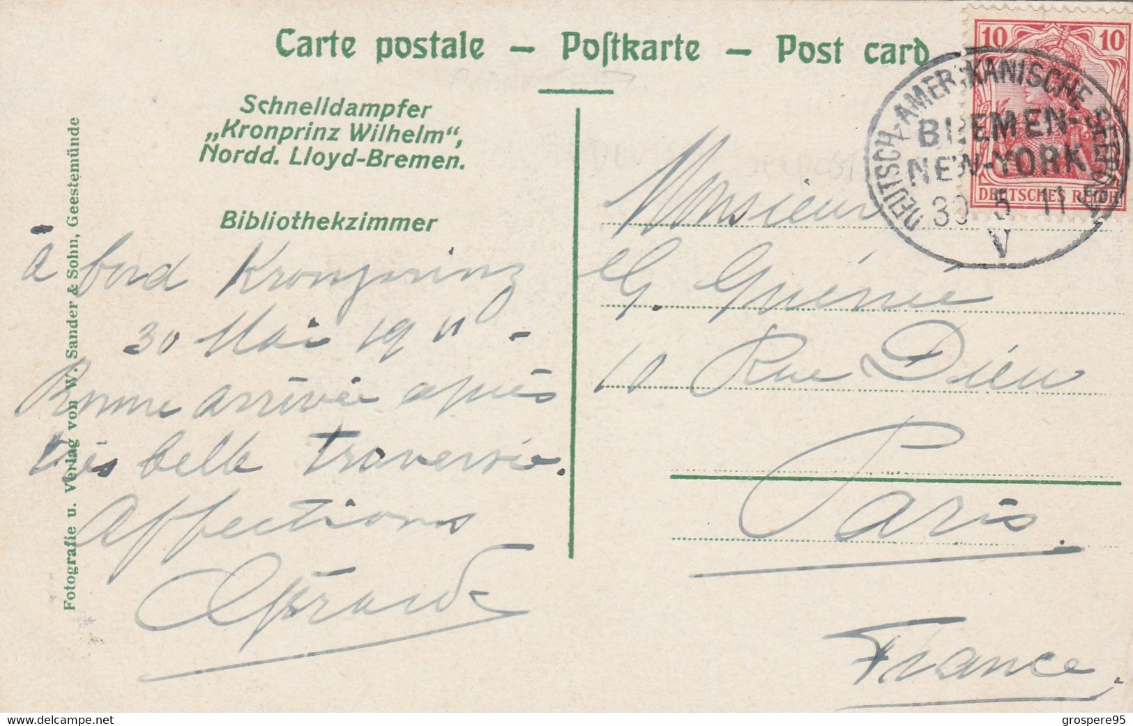 PAQUEBOT KRONPRINZ WILHELM BREMEN NEW YORK 30/05/1930 BIBLIOTHEKZIMMER TRES RARE - Dampfer
