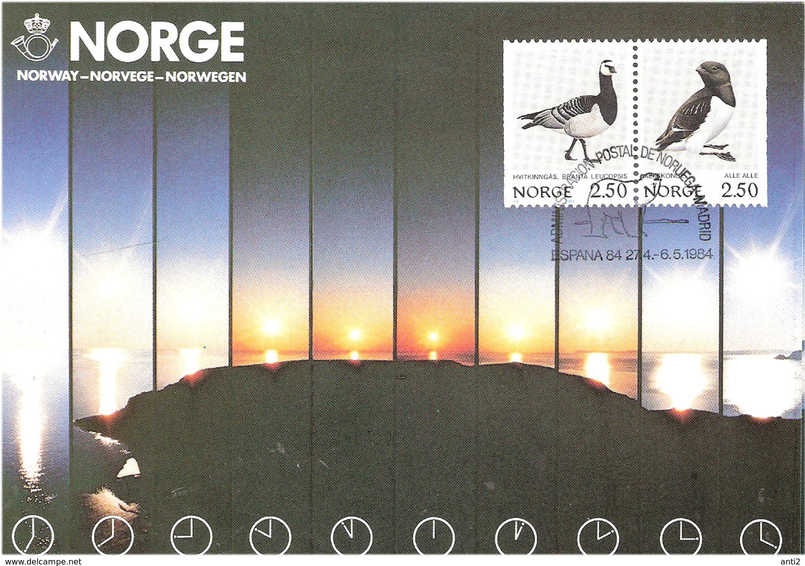 Norway Card 1984 Midnight Sun With Bird Stamps, Ice Bear In Special Cancellation Espana 84, Madrid 27.4-6.5 1984, Card - Maximum Cards & Covers