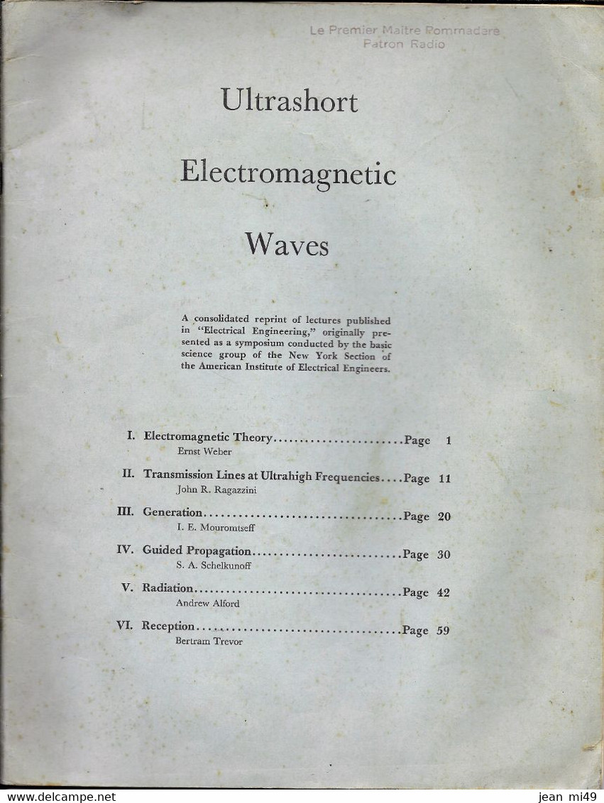 LIVRE - ULTRASHORT ELECTROMAGNETIC WAVES -  1943 - College Of Engineering  New York  University - Ingenieurswissenschaften