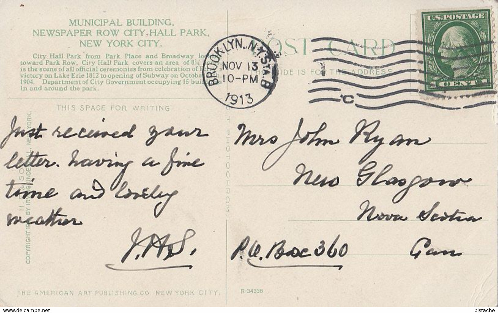 New York City - City Hall Park - Stamp And Postmark 1913 - By Irving Underhill - 2 Scans - Parcs & Jardins