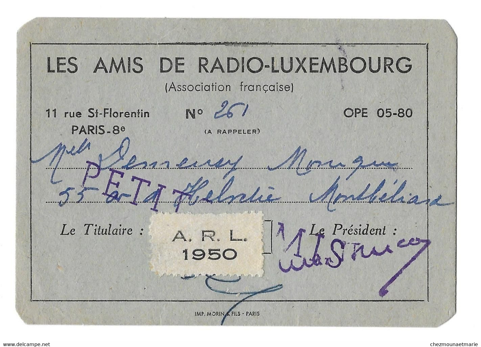 1950 PARIS - LES AMIS DE RADIO LUXEMBOURG - DEMEUSY MONIQUE A MONTBELIARD - CARTE DE MEMBRE - Autres & Non Classés