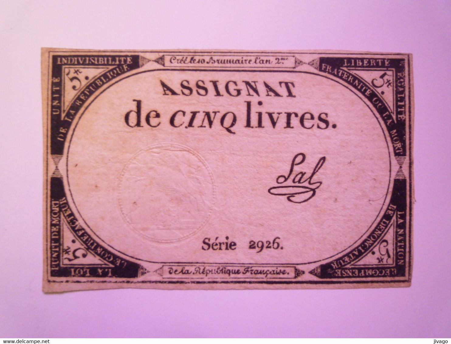 2021 - 445  ASSIGNAT De  5 LIVRES  Série 2926   XXX - Assignats