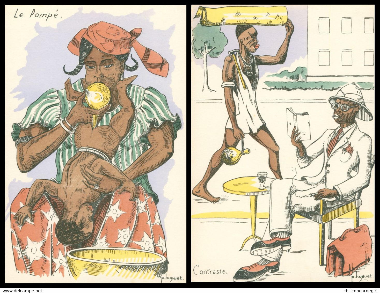 2 Cp - HUGUET - Colonialisme Satirique - Noirs - Le Pompé - Contraste - Esclaves - Afrique - Huguet