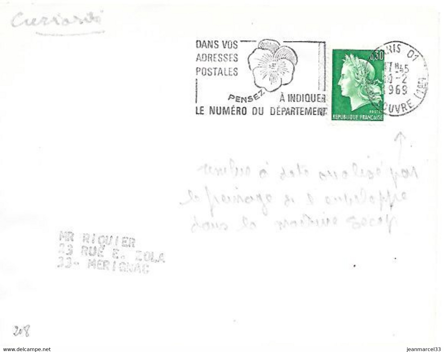 Curiosité Paris 01  10-2 1969, Timbre à Date Ovalisé - Storia Postale