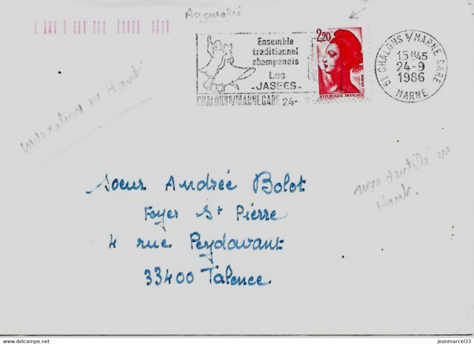 Curiosité 51 Chalons S/Marne Gare 24-9 1986, Timbre Non Dentelé En Haut, Indexation Orange En Haut à Gauche - Briefe U. Dokumente