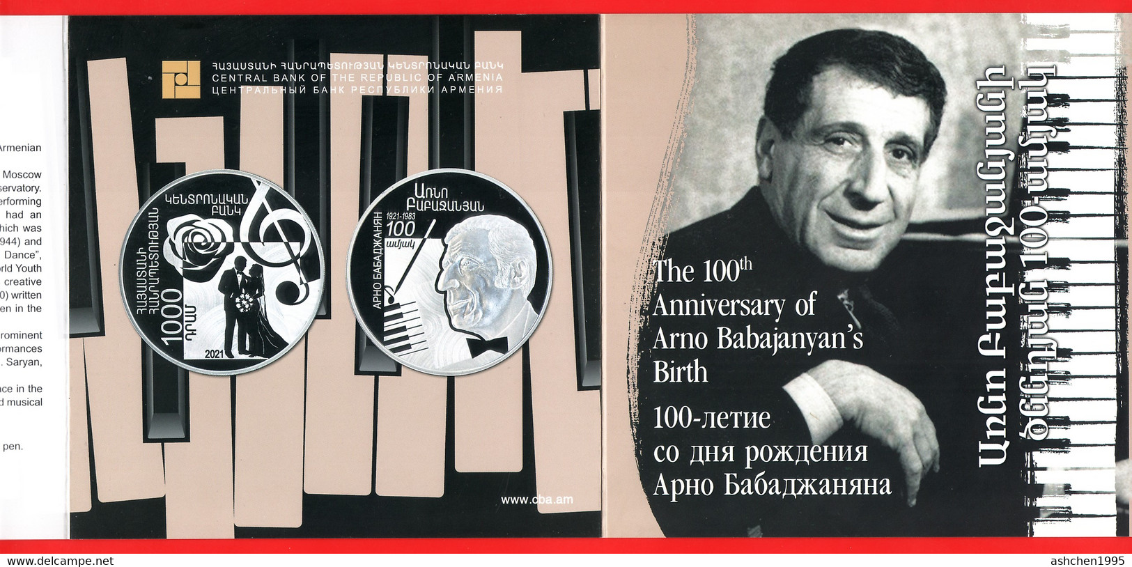 Armenien / Armenie / Armenia 2021, 100th Ann. Arno Babajanyan, Composer, Silver Coin In Box - PROOF - Armenien