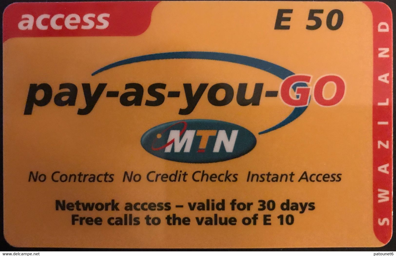 SWAZILAND  -  Prepaid  -  Access - Pay-As -You-Go  - MTN -  E 50 - Swaziland