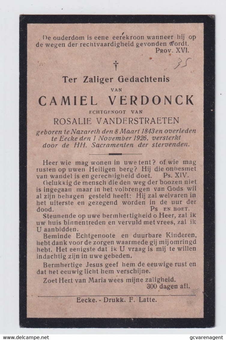 CAMIEL VERDONCK      NAZARETH  1843     OVERL  EKE   1926 - Obituary Notices