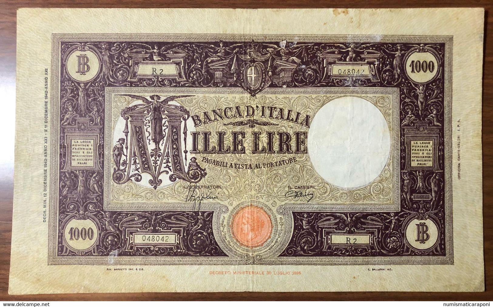 1000 LIRE BARBETTI GRANDE M FASCIO 12 12 1942 Bel Biglietto Naturale Q.BB Macchie LOTTO 1846 - 1.000 Lire