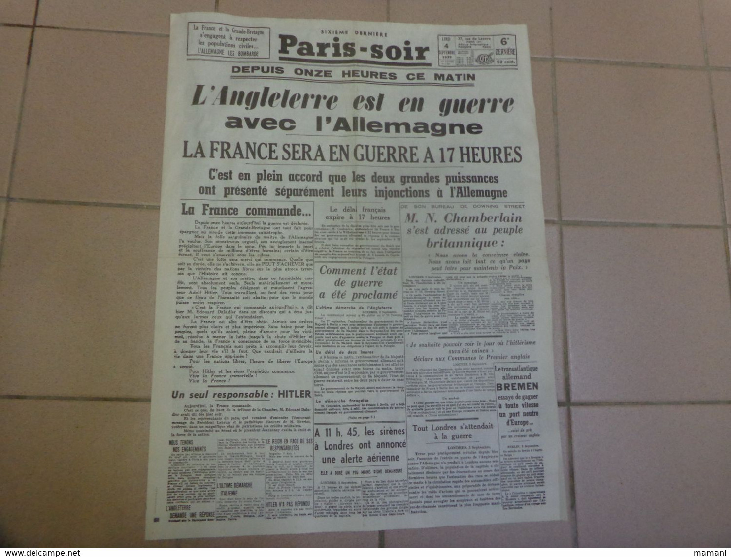 Paris Soir Du 4 Sept 1939 - Sonstige & Ohne Zuordnung