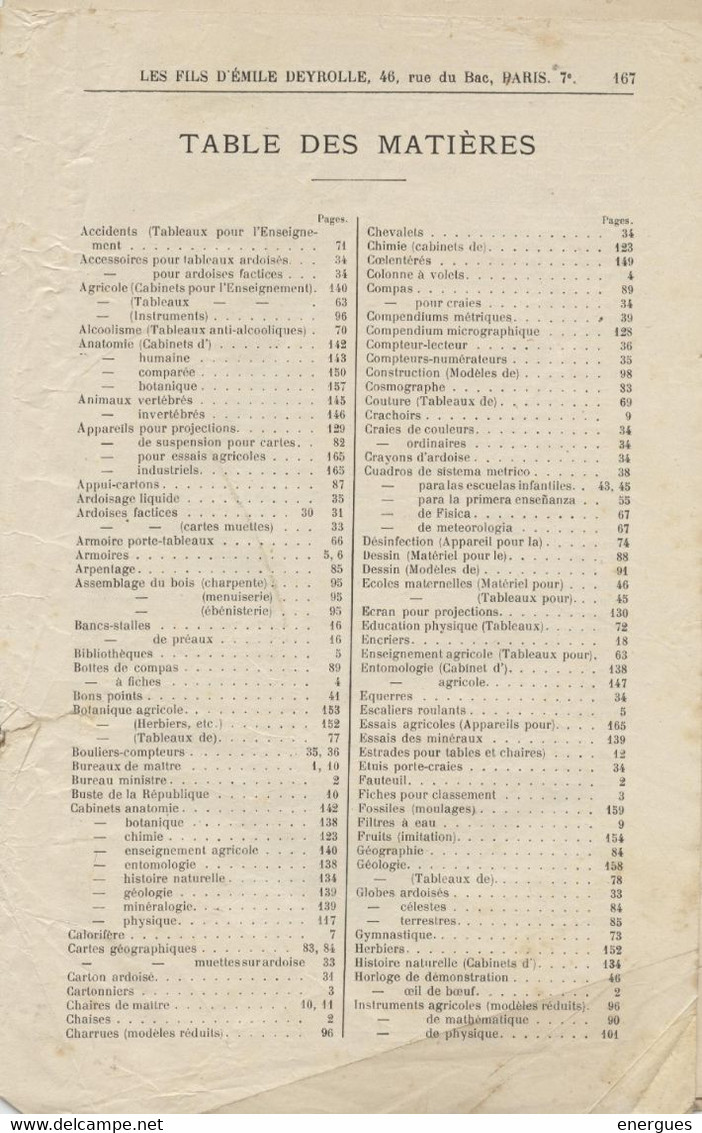 Catalogue mobilier enseignement, Les fils d'Emile Deyrolle,fraçais, espagnol,agriculture ,physique, chimie, 168 p, scola