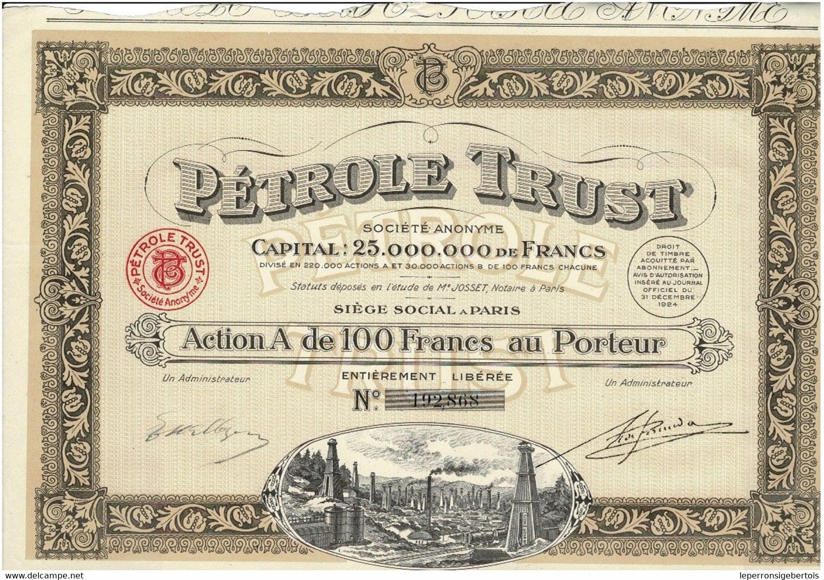 Action Ancienne - Pétrole Trust - Société Anonyme - Titre De 1924 - N° 192.868 - Erdöl