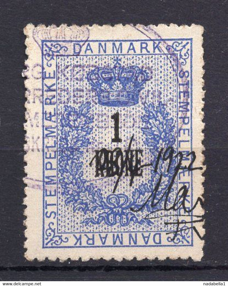 1922 DENMARK, 1 KRONE REVENUE STAMP, USED - Revenue Stamps