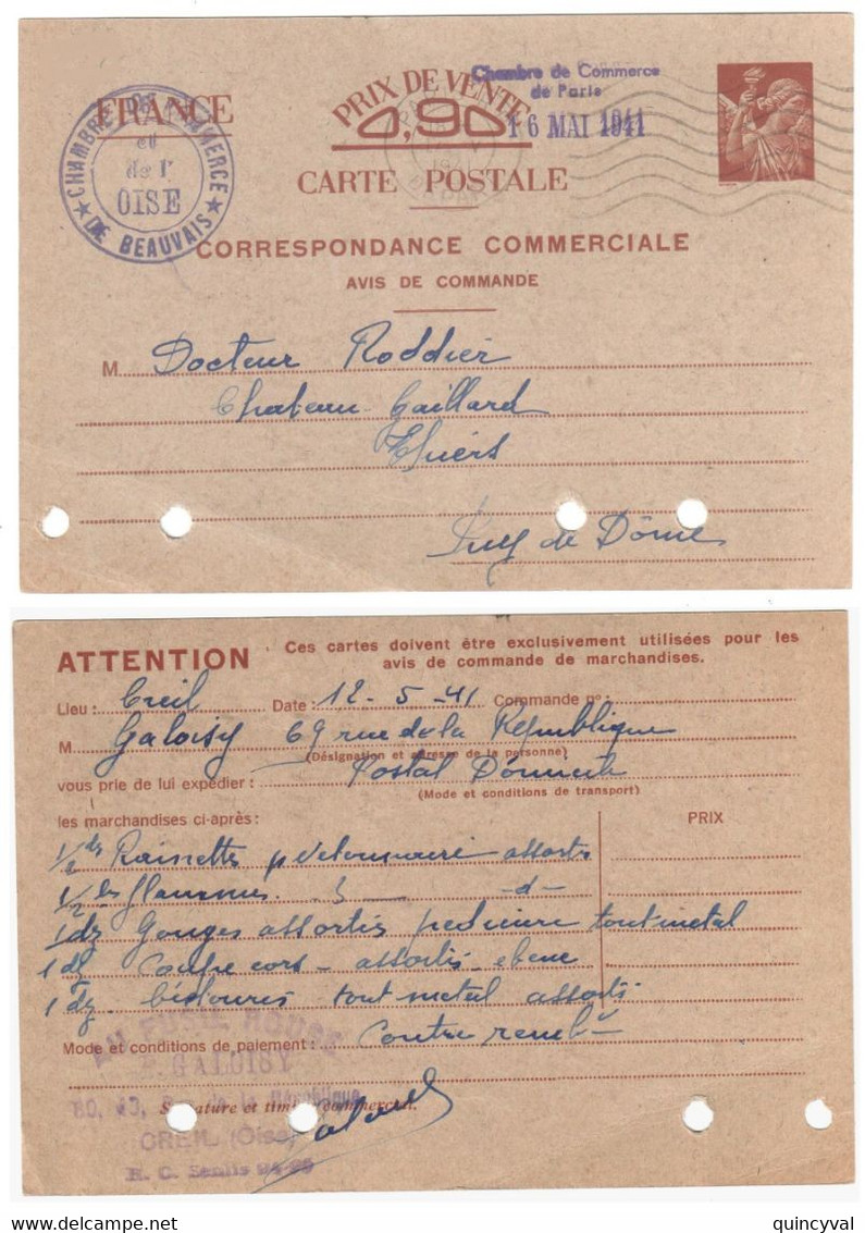 PARIS RP Carte Postale Entier IRIS Sans Valeur Correspondance Commerciale Chambre De Commerce Beauvais Ob 1941 Yv SV CP3 - Standard Postcards & Stamped On Demand (before 1995)