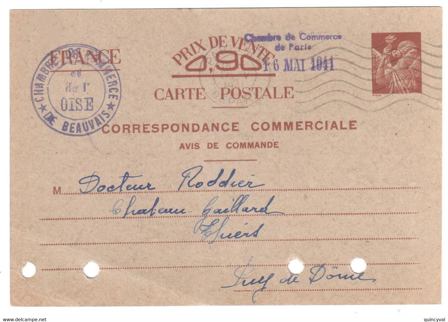 PARIS RP Carte Postale Entier IRIS Sans Valeur Correspondance Commerciale Chambre De Commerce Beauvais Ob 1941 Yv SV CP3 - Standard Postcards & Stamped On Demand (before 1995)