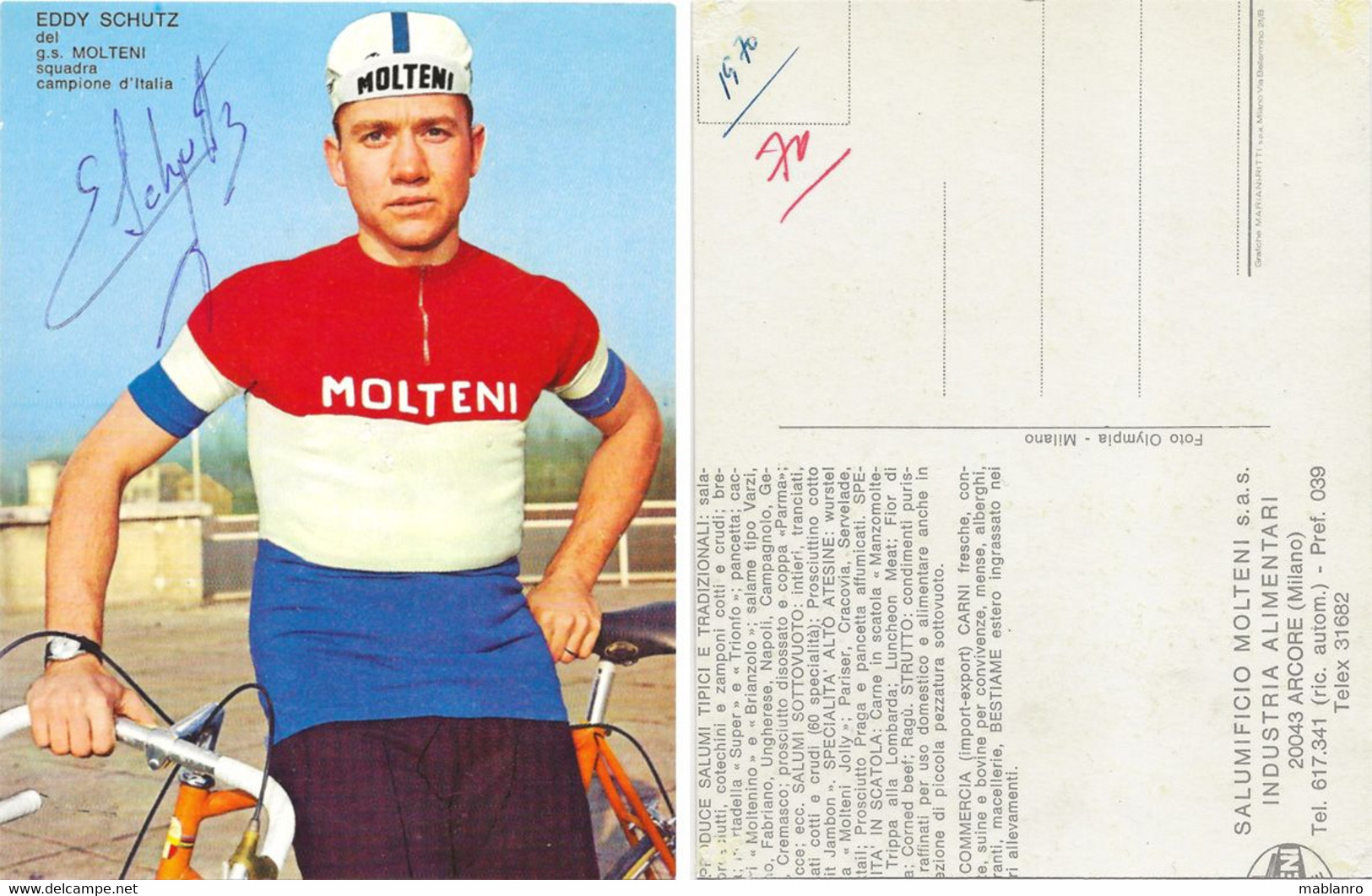 CARTE CYCLISME EDDY SCHUTZ SIGNEE TEAM MOLTENI 1970 ( DECOUPE, FORMAT 10 X 13 VOIR PHOTO ) - Cyclisme