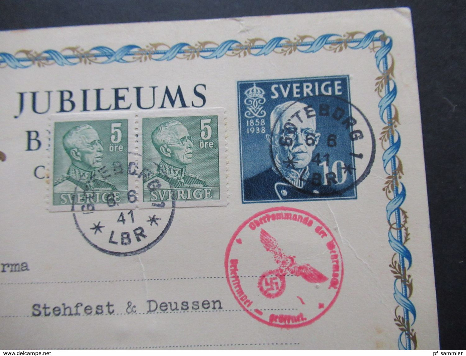 Schweden 1941 Jubileums Brevkort Sonderganzsache Mit 2 Zusatzfrankaturen Und Zensur Der Wehrmacht OKW Zensurstempel - Briefe U. Dokumente