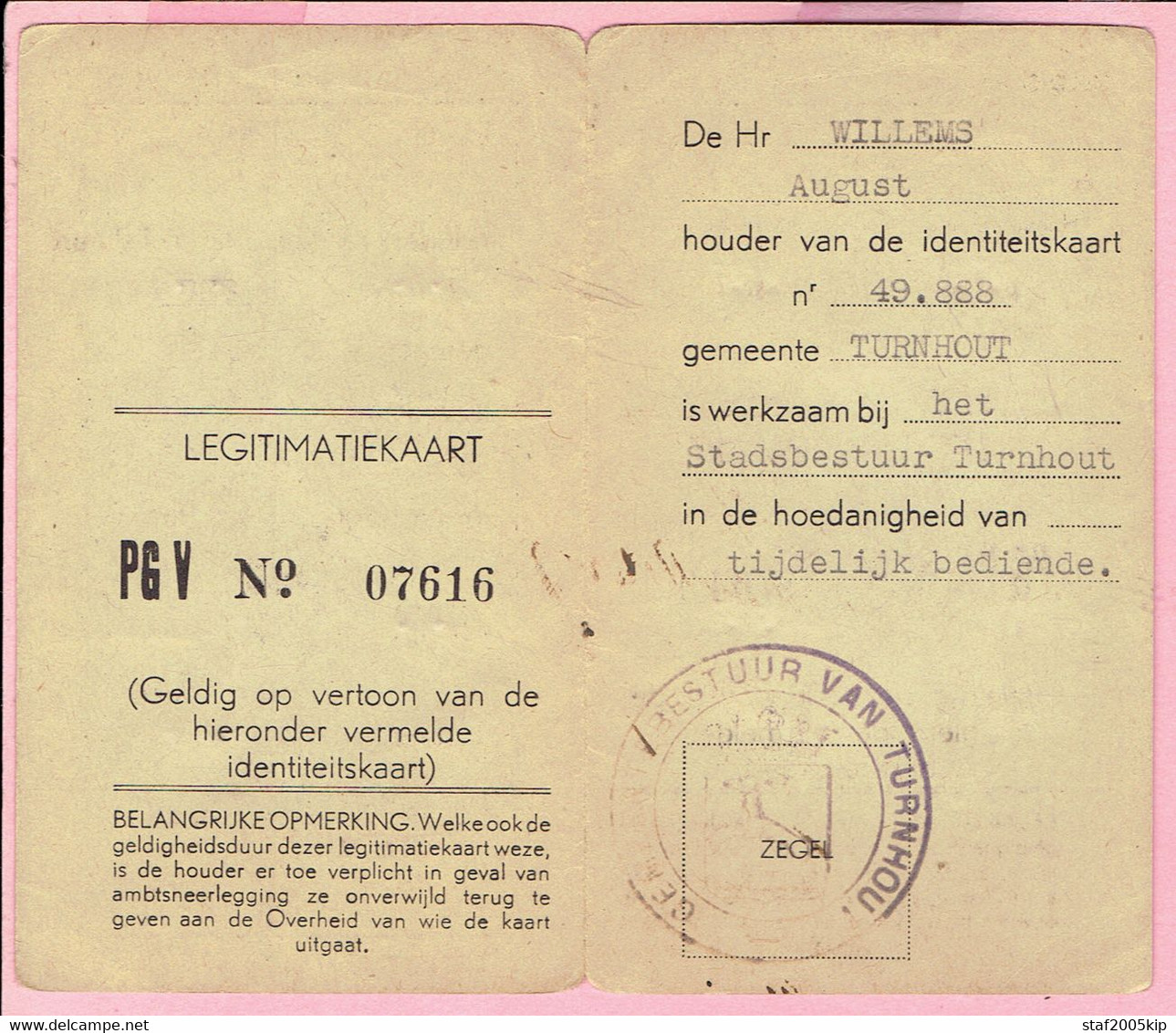 LEGITIMATIEKAART - Willems August Werkzaam Bij Het Stadsbestuur Turnhout 1942 - 1943 - Non Classificati