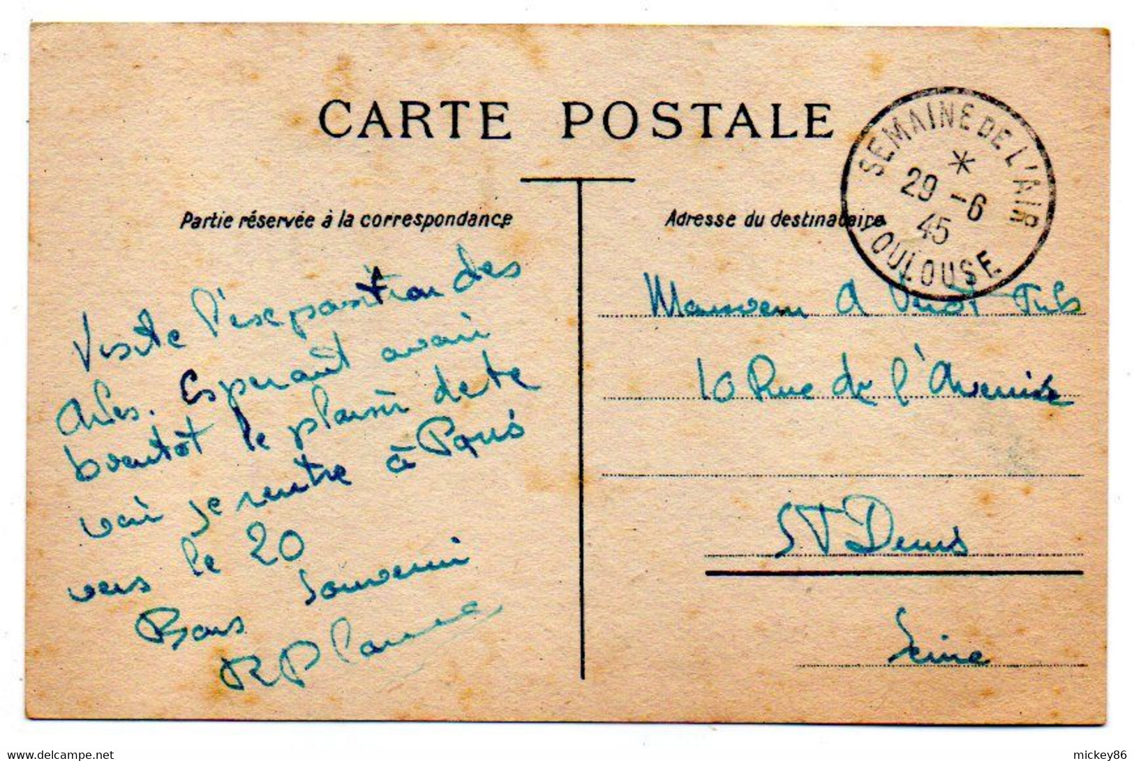 1945-carte Postale TOULOUSE (Semaine De L'air-avion--tp Libération N°739-)pour St DENIS-93..Beau Cachet Provisoire - 1921-1960: Modern Period