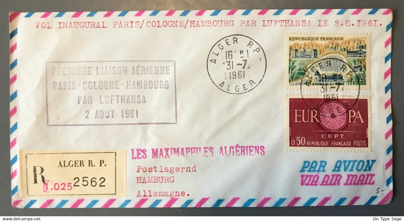 France - Première Liaison Aerienne PARIS-COLOGNE-HAMBOUR Par LUFTHANSA 2.8.1961 - (W1421) - 1960-.... Brieven & Documenten