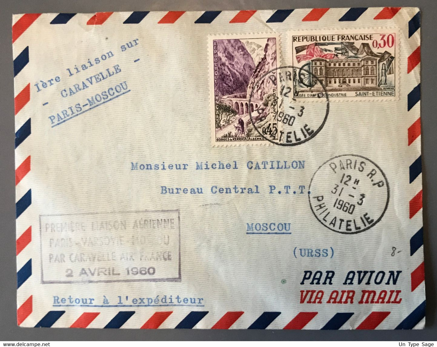 France Première Liaison PARIS - VARSOVIE - MOSCOU Par CARAVELLE Air France 2.1.1960 - (W1496) - 1960-.... Lettres & Documents