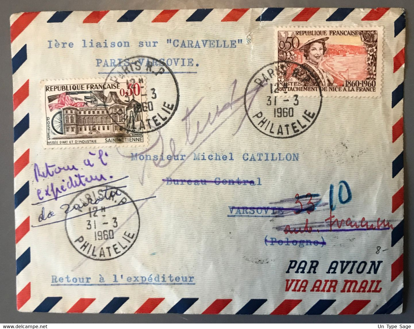 France Première Liaison PARIS - VARSOVIE Sur CARAVELLE 31.3.1960 - (W1500) - 1960-.... Storia Postale