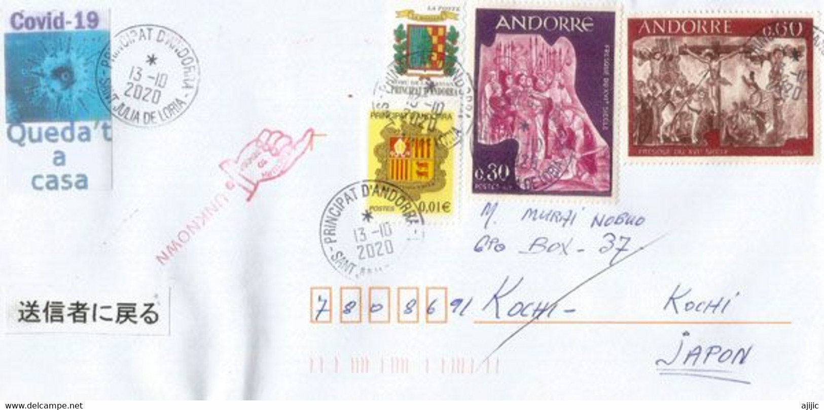 Lettre Andorre Envoyée Au Japon Pendant Confinement Covid-19,et Retour à L'expediteur,avec Vignette Prévention. 2 Photos - Lettres & Documents