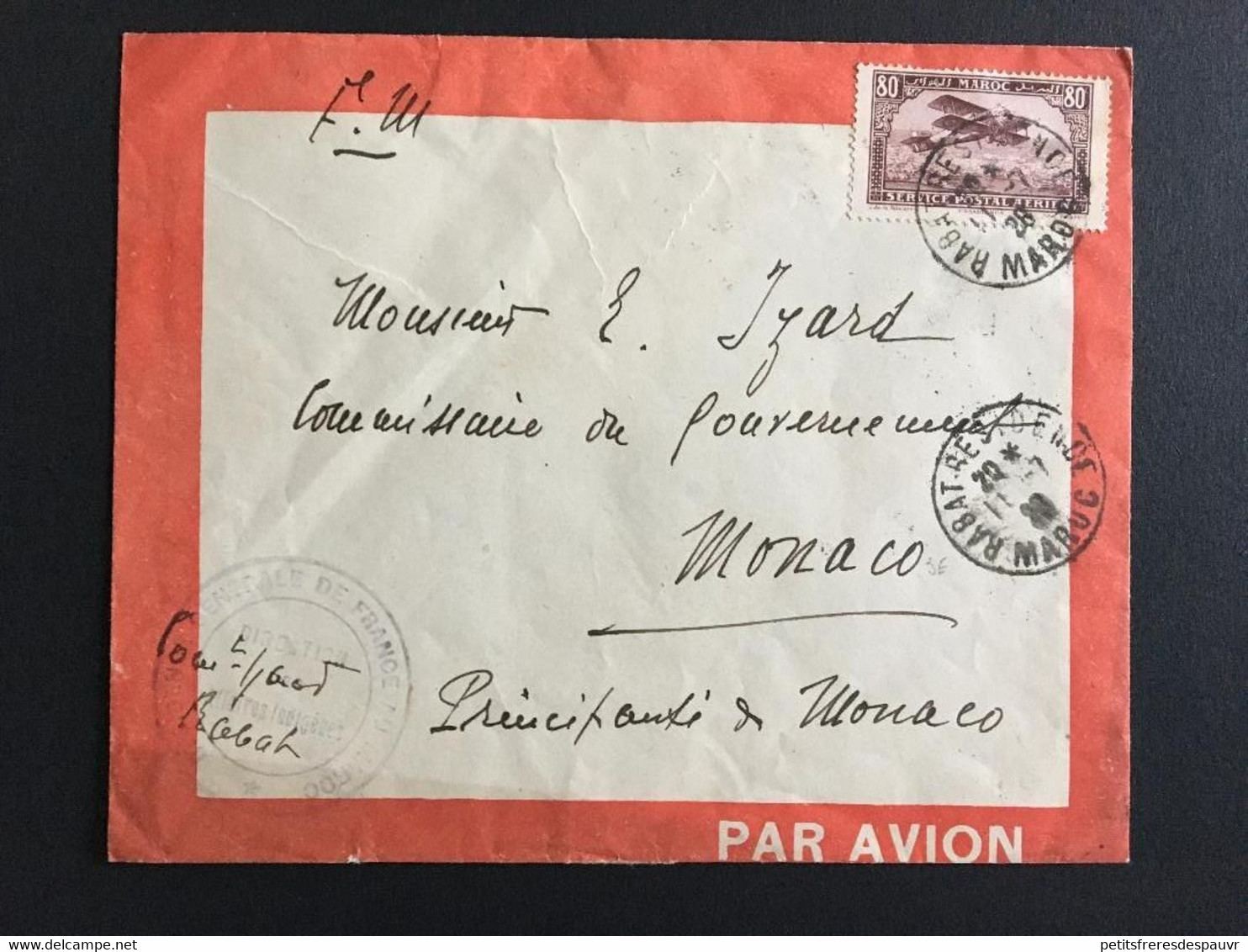 COLONIES FRA MAROC 11/07/1928 Lettre De Rabat Pour Monaco "direction Des Affaires Indigènes" PA6 LA3 - Luftpost