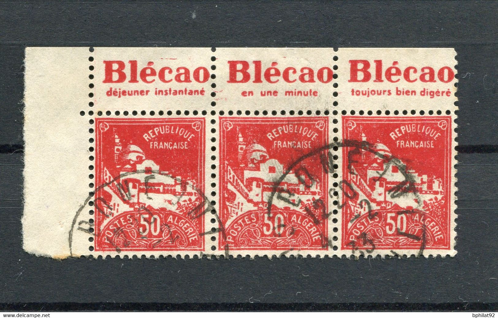 !!! ALGERIE, N°79A,BANDE DE 3 AVEC PUBS BLECAO OBLITEREE - Oblitérés