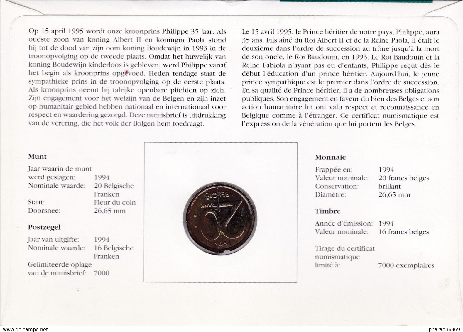 2 Scans Enveloppe Numérotée 2535 Roi Albert II Pièce De Monnaie 20 Francs Belges - Numisletters