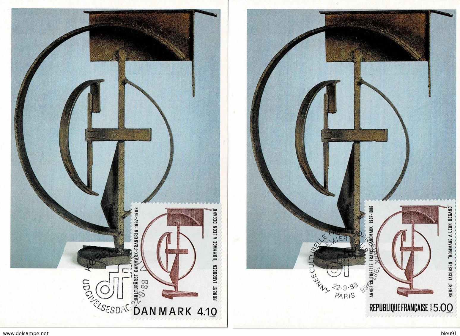 2 CM DANEMARK ET FRANCE 1988 ANNEE CULTURELLE - Maximumkaarten