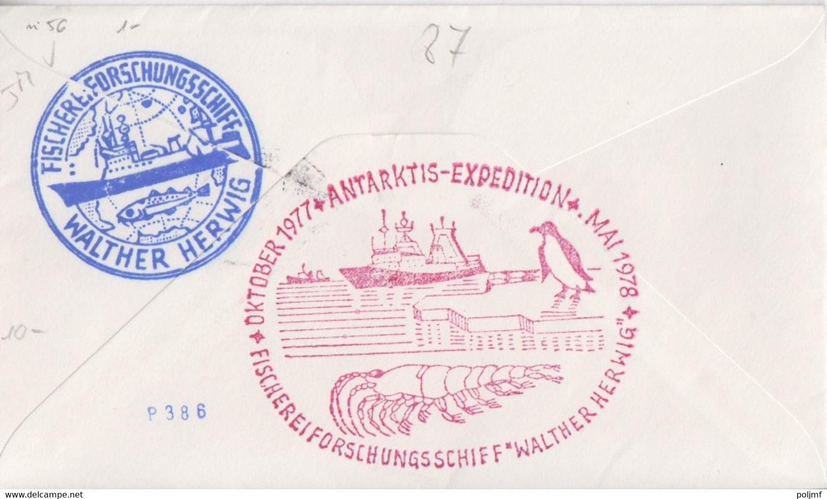 Lettre De Géorgie Du Sud N° 56, Obl. Falkland Is. Dépend. Le 17 DE 77 + Cachet FMS Julius Fock + Au Dos W. Herwig - Georgias Del Sur (Islas)