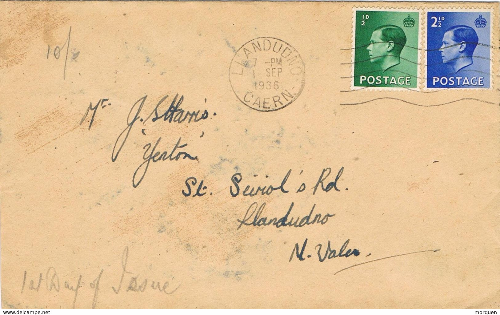 39091. Carta LLANDUDNO (Caern) England 1936. Correo Interior - Briefe U. Dokumente