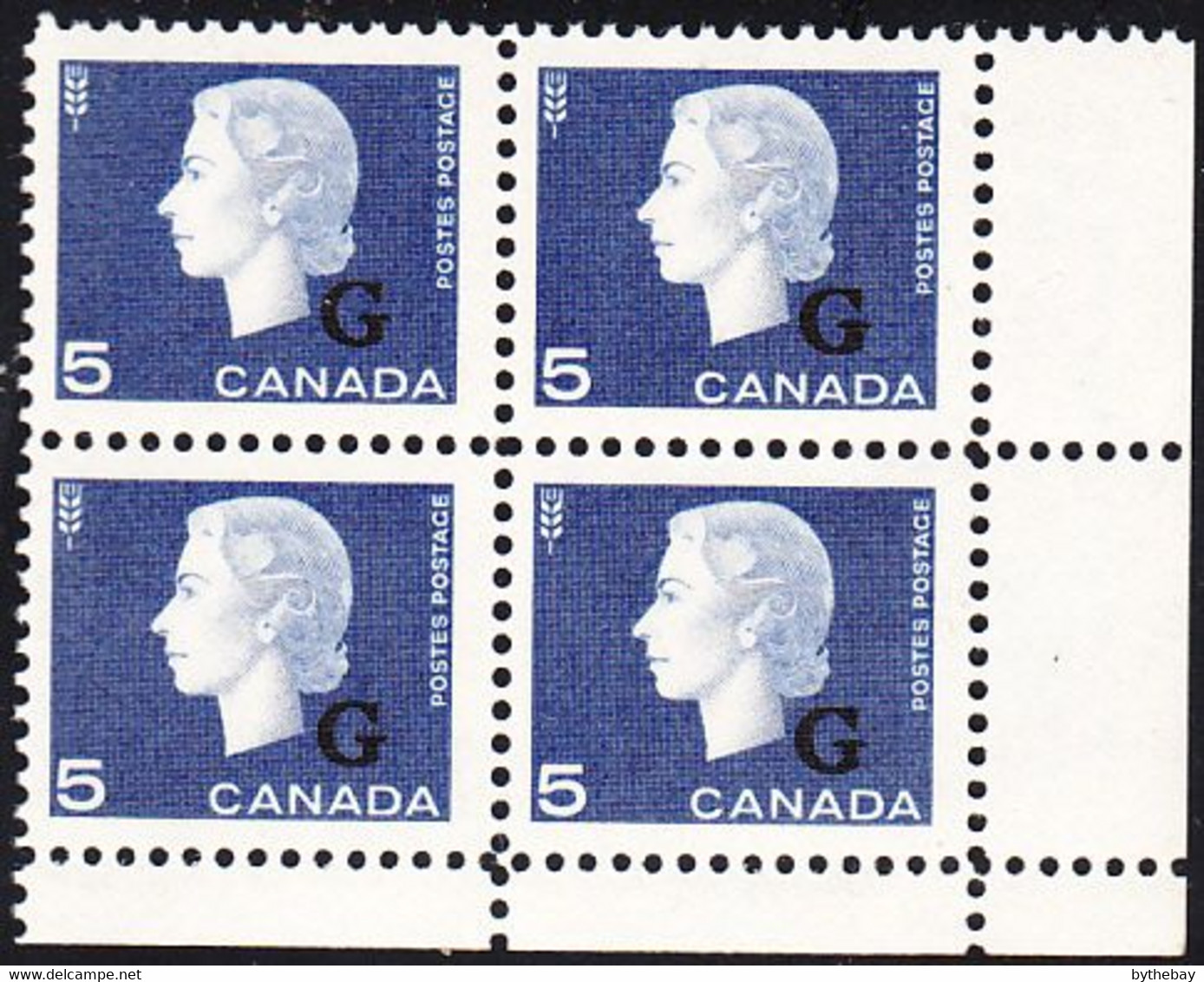 Canada MNH Scott #O49 5c Cameo With 'G' Overprint Lower Right Plate Block (blank) - Overprinted