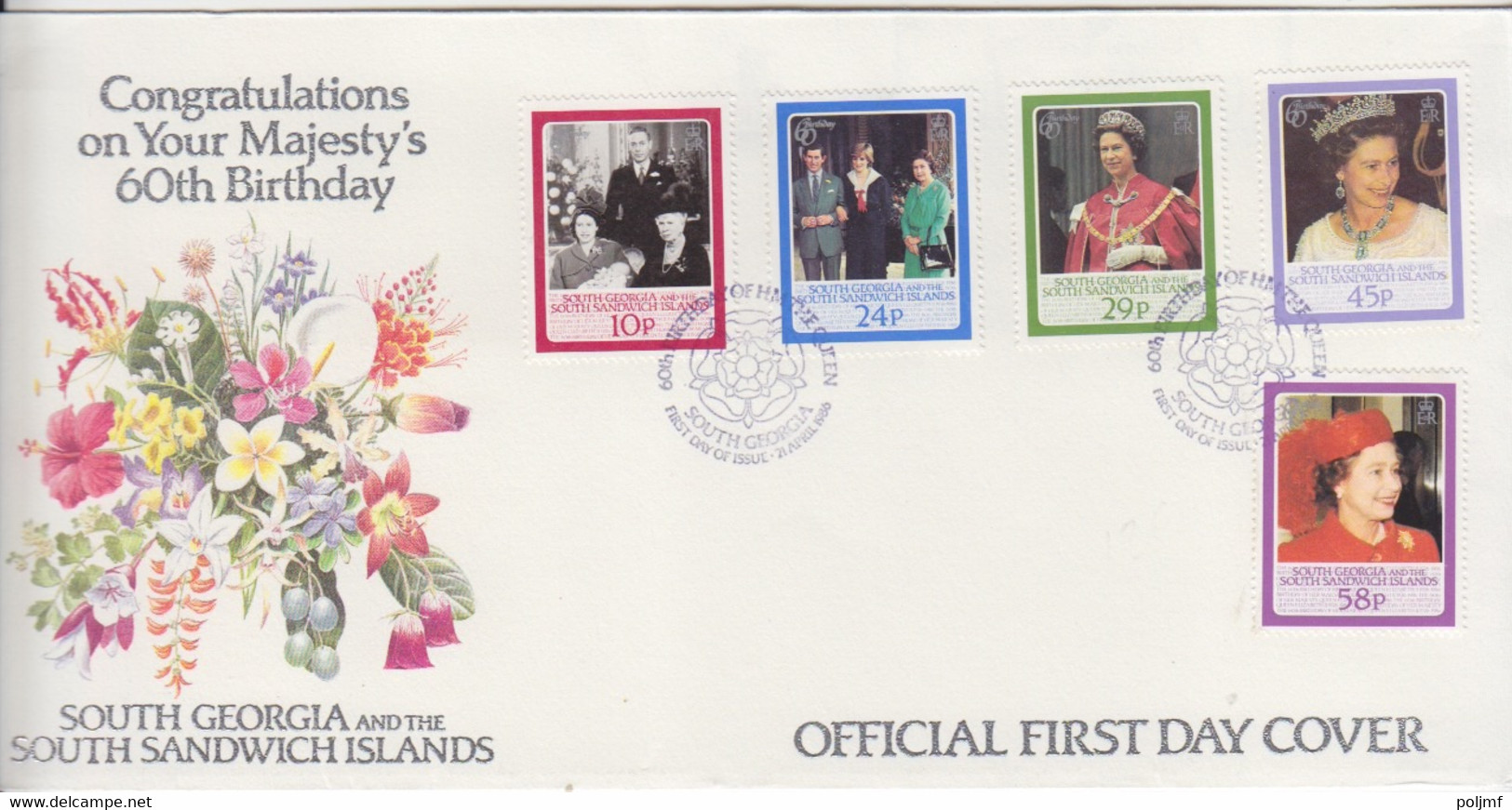 FDC De Géorgie Du Sud N° 158 à 162 (60° Anniversaire De La Reine), Obl. Falkland Is. Dépend. Le 21 April 1986 - Georgias Del Sur (Islas)