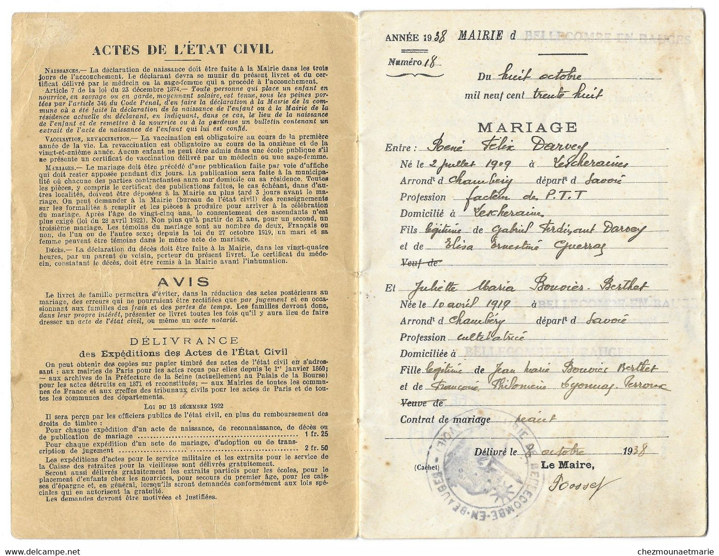 1938 BELLECOMBE EN BAUGES (SAVOIE) - DARVEY NE A LESCHERAINES 1909 (FACTEUR) ET BOUVIER BERTHET NE EN 1919 - LIVRET - Documents Historiques