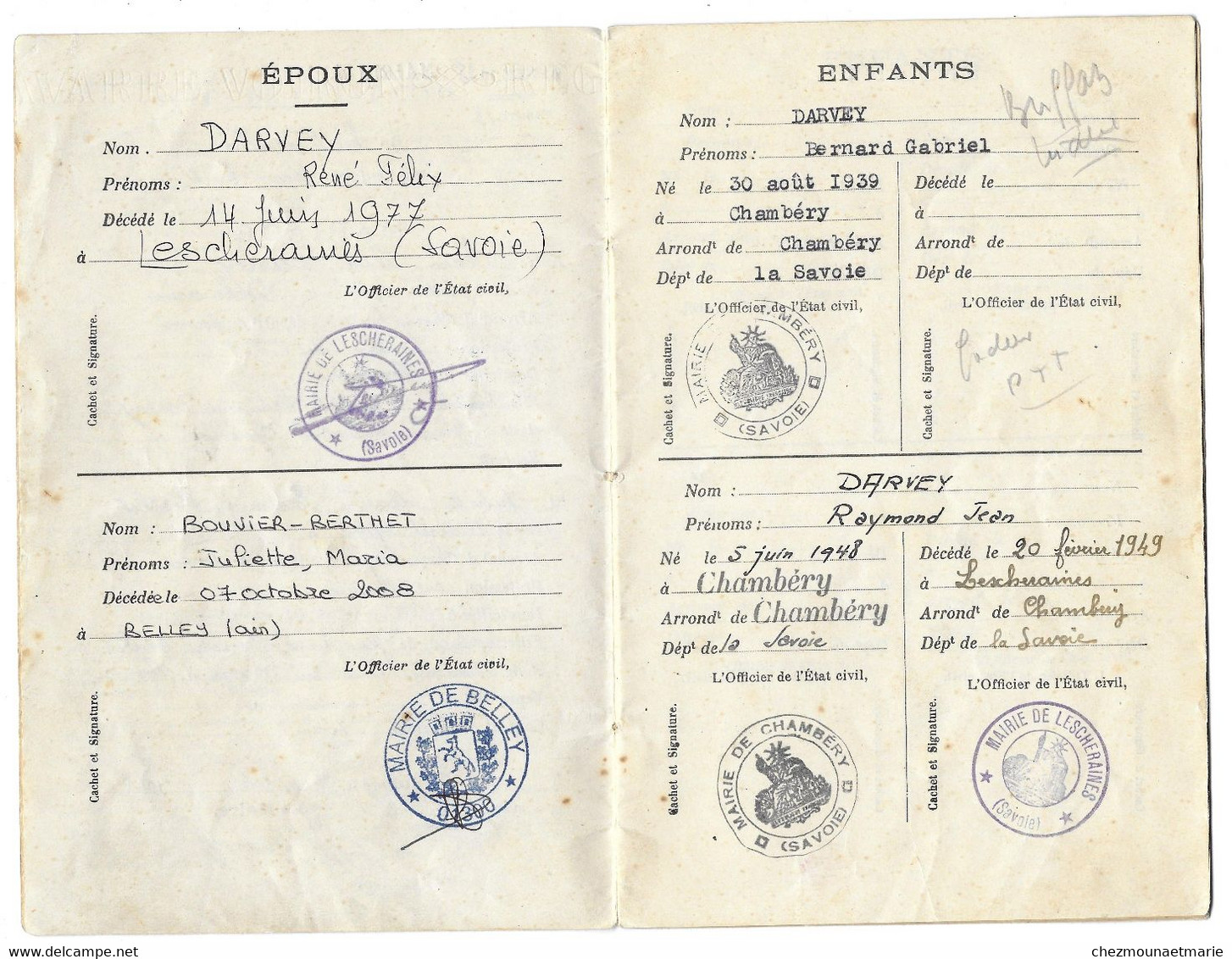 1938 BELLECOMBE EN BAUGES (SAVOIE) - DARVEY NE A LESCHERAINES 1909 (FACTEUR) ET BOUVIER BERTHET NE EN 1919 - LIVRET - Documents Historiques