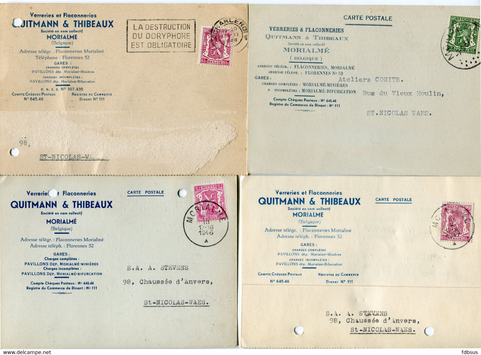 1937/48 4 Kaart(en) - Zie Zegels, Stempels En Hoofding QUITMANN & THIBEAUX Morialmé - Verreries Et Flaconneries - Otros & Sin Clasificación