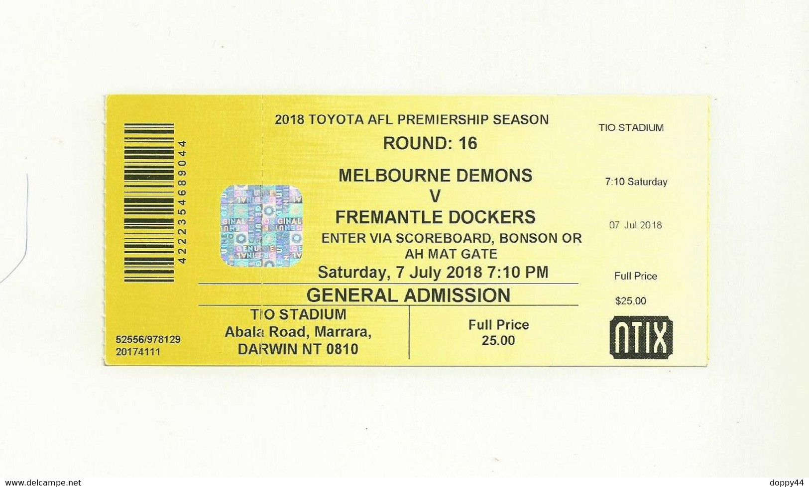 TICKET D'ENTREE  MATCH FOOTBALL  MELBOURNE DEMONS VS FREMANTLE DOCKERS  STADE DE DARWIN NOTHERN TERITORY. - Tickets D'entrée