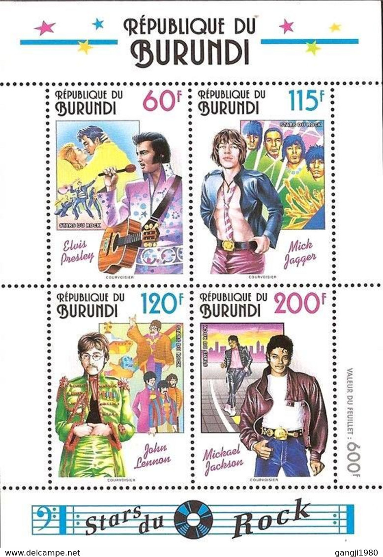 Burundi 1994 Rock Stars Michael Jackson, Elvis Presley, Mick Jagger, John Lennon, MNH MINIATURE SHEET. - Unused Stamps