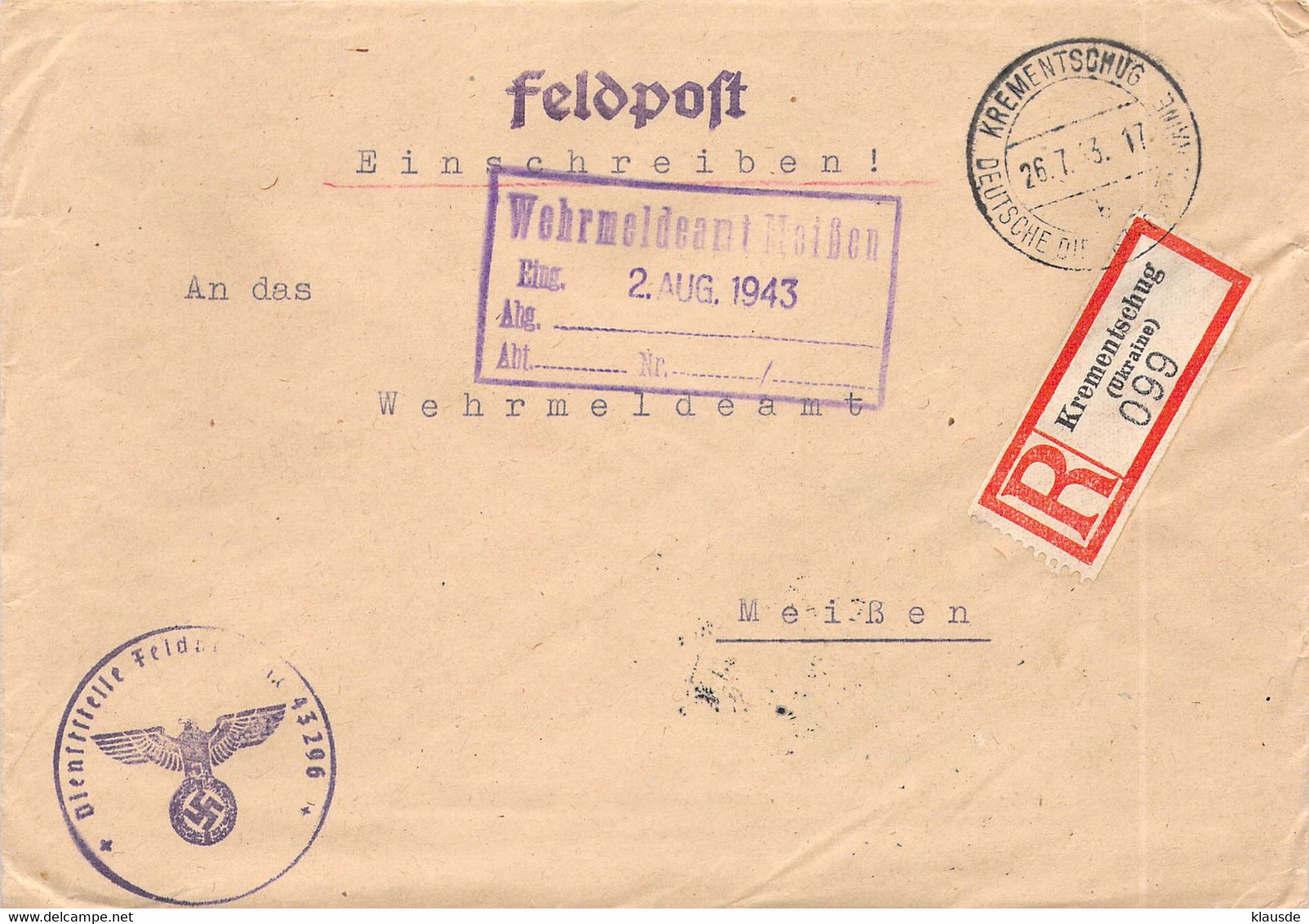 R-Brief  Deutsche Dienstpost Ukraine Krementschnug - Meißen 1943 AKS - Officials