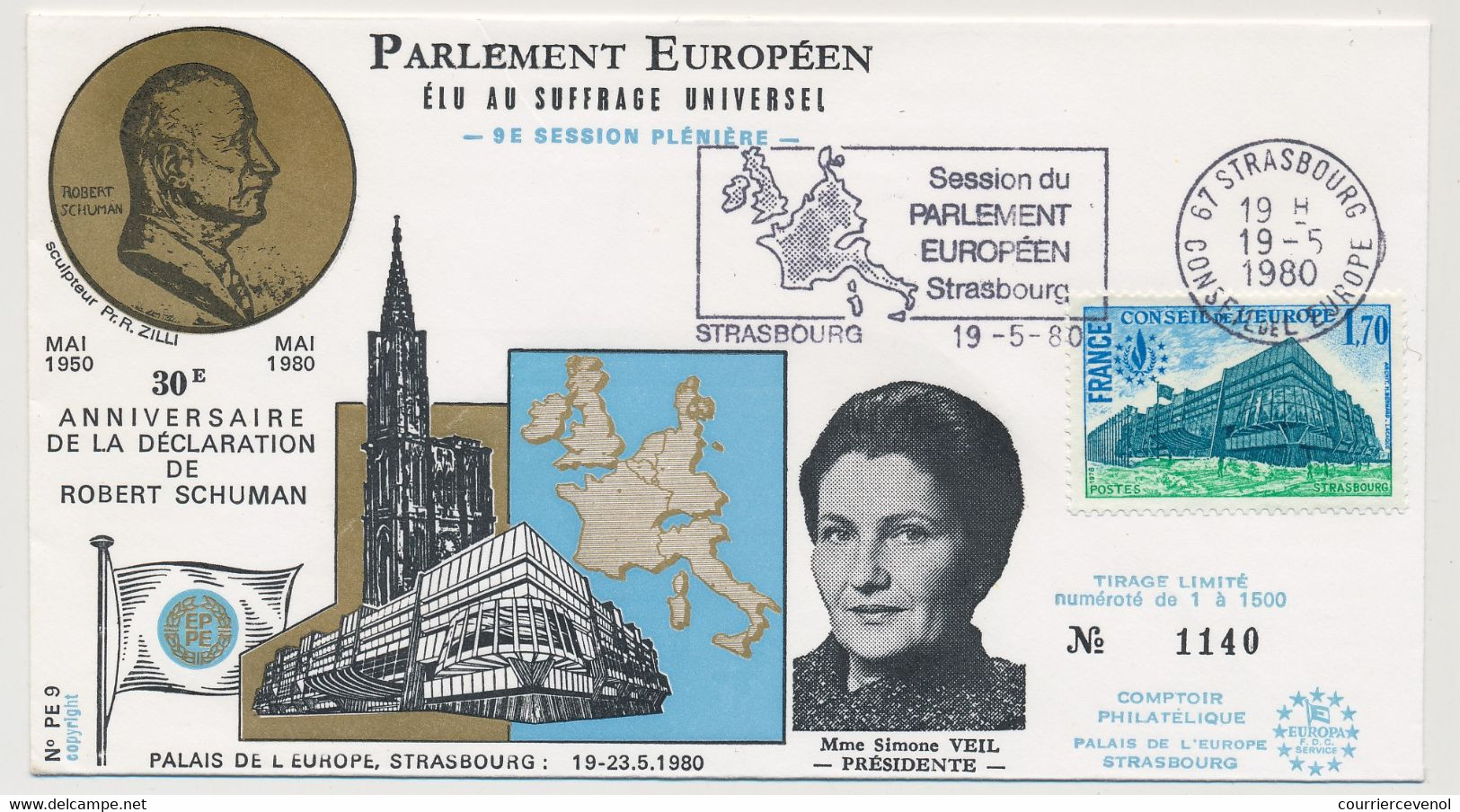 FRANCE => Env. 1,70 Conseil Europe - OMEC Parlement Europ. Strasbourg 19/5/1980- Session Plénière - Schumann/Simone Veil - Brieven & Documenten