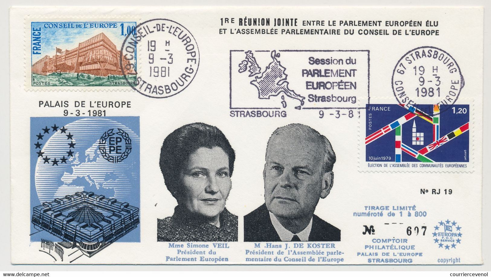 FRANCE => Env. 1,20 Elections - OMEC Session Parlement E. Strasbourg - 9/3/1981 - Iere Réunion Jointe - Mme Simone Veil - Briefe U. Dokumente