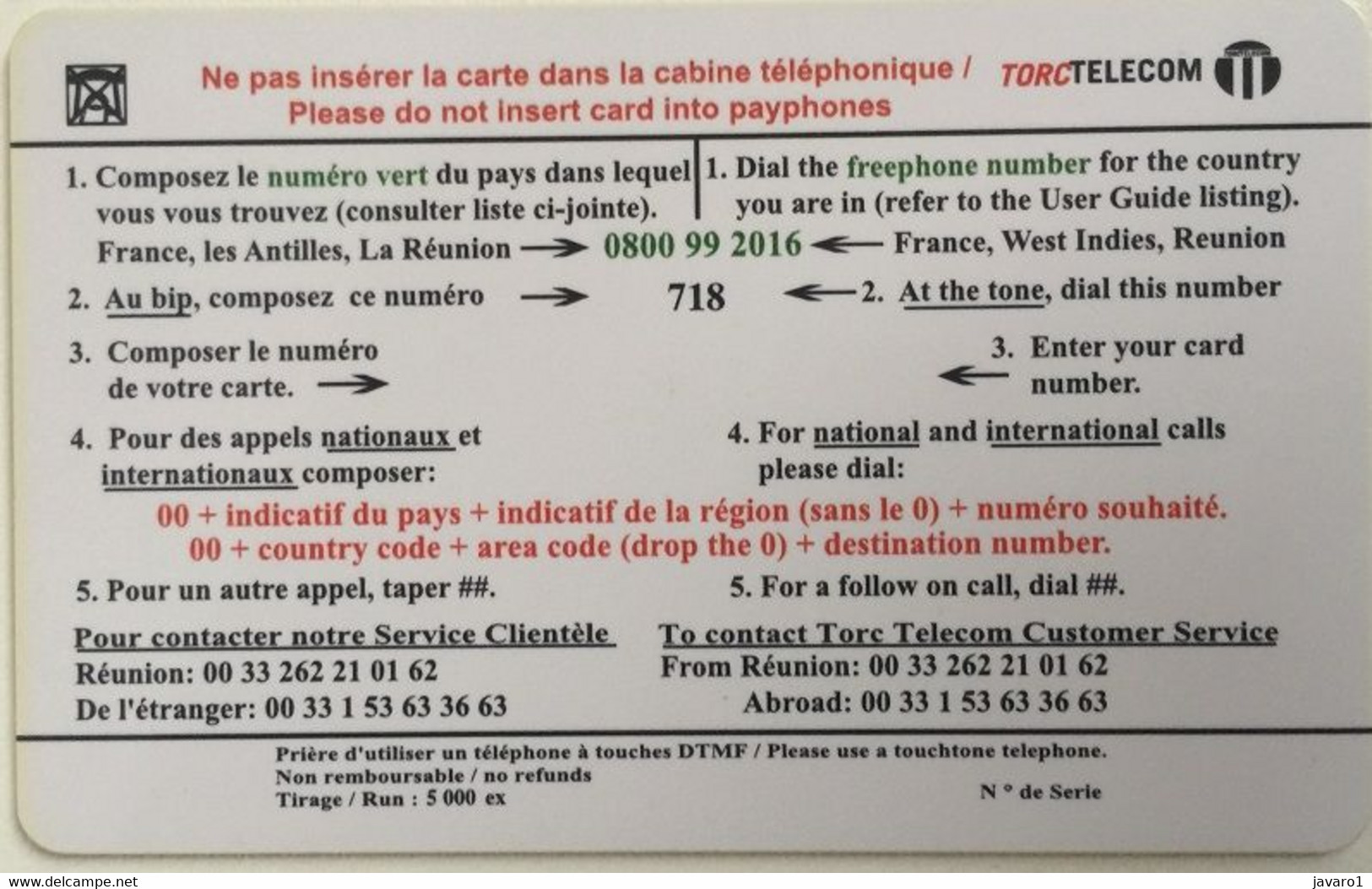 TORC : REU02A 50FF TORC Waterfall (thick Card) DUMMY/SPECIMEN - Réunion